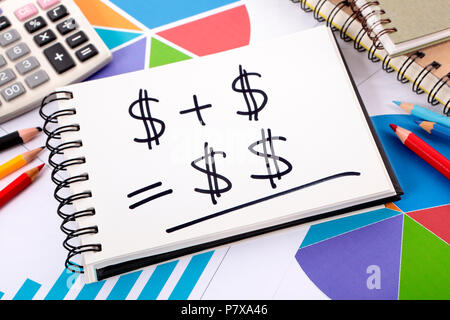 Simple savings or retirement formula written on a notepad surrounded by charts, graphs, calculator, books and pencils. Stock Photo