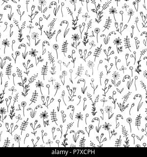 Black and White Hand Drawn Doodle Floral Vector Seamless Pattern. Cute Meadow Flowers and Leaves Silhouettes. Line Drawing Allover Background. Stock Vector
