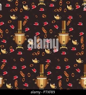 Pattern samovar cups of tea and Bagels for teaRussian samovar and cups of tea and Bagels for tea Stock Vector
