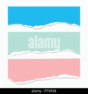 Three torn sheets of paper of different colors with shadow, isolated on a white background, suitable for infographics - vector Stock Vector