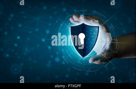 Earth polygon mesh planet World Businessmen shake hands to protect information in cyberspace. Businessman holding shield protect icon protection netwo Stock Photo