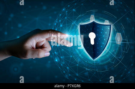 Earth polygon mesh planet World Businessmen shake hands to protect information in cyberspace. Businessman holding shield protect icon protection netwo Stock Photo
