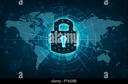 Unlocked lock Internet press to communicate in the Internet. Cyber security concept hand protection network with lock icon and virtual screens Space p Stock Photo