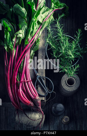 Red and fresh beetroots on old wooden box Stock Photo
