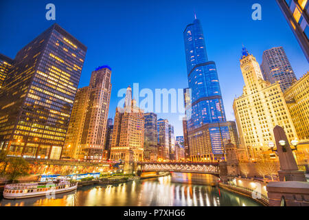 Chicago, Illinois, USA cityscape on the river at twilight. Stock Photo