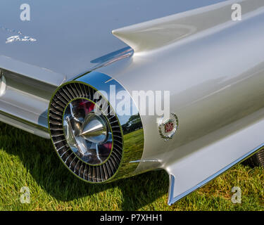 GROSSE POINTE SHORES, MI/USA - JUNE 17, 2018: Close-up of a 1959 Cadillac Cyclone Concept taillight and fin at the EyesOn Design show, near Detroit. Stock Photo