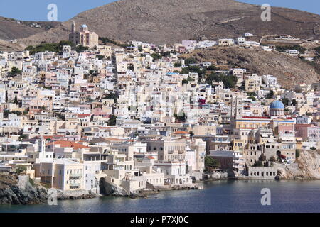 View from the sea of Ano Syros and Emoupolis districts of Syros Island, South Aegean, GREECE, PETER GRANT Stock Photo