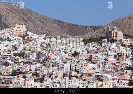 View from the sea of Ano Syros and Emoupolis districts of Syros Island, South Aegean, GREECE, PETER GRANT Stock Photo