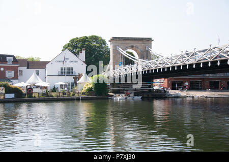 The Macdonald Compleat Angler Hotel and Marlow Bridge, as viewed from the Marlow side of the river Thames at Marlow, Buckinghamshire, England, UK Stock Photo