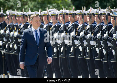Andrzej Duda, President of Poland, and Polish Navy Honour Guard unit during the celebration of 100th anniversary of Polish Navy in Gdynia, Poland. Jun Stock Photo