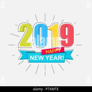 2019 Happy New Year. Colorful outline banner for new year holidays. Perfect for presentations, flyers and banners, leaflets, postcards and posters. Vector illustration EPS10. Stock Vector
