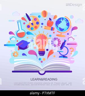 Education Infographic concept banner. Open book with signs and symbols of knowledge. Background for school. Vector Illustration. Stock Vector