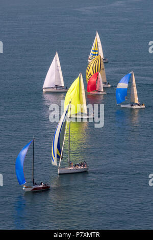 a fleet of sailing yachts with colourful spinnakers and sails in the round the island yacht race. Stock Photo