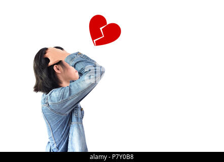 The person who loses the heart, holds the head with both hands and worry to love or not love, isolated white background, Heart broken concept, indeter Stock Photo