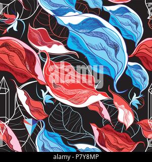 Seamless autumn pattern from leaves and buds on a black background Stock Vector
