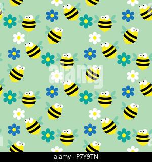 Seamless pattern with bees and flowers on the blue background Stock Vector