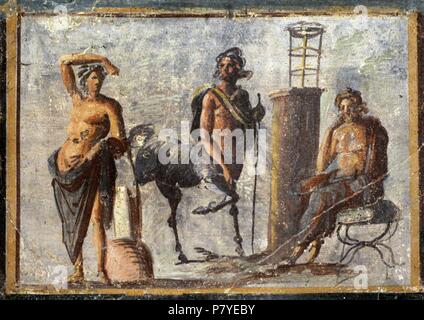 Fresco depicting Apollo, the centaur Chiron and Asclepius. Pompeii. National Archaeological Museum. Naples. Italy. Stock Photo