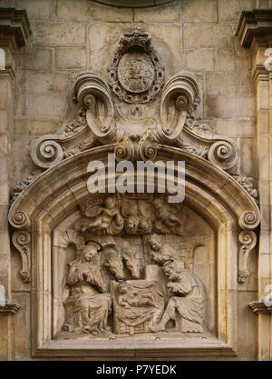 Church of Betlem. The Nativity. Central relief in the form of an altarpiece. Front door facade. By Baroque Catalan sculptor Francesc de Santacruz (1665-1721), 1690. Barcelona, Catalonia, Spain. Stock Photo