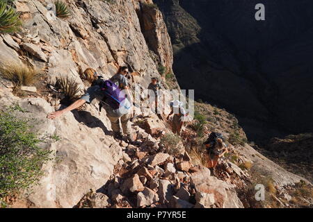 Backpackers negotiating a steep trail to visit the Cave of Domes on Horseshoe Mesa, grand Canyon National park, Arizona, United States. Stock Photo