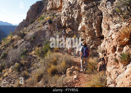 Backpackers negotiating a steep trail to visit the Cave of Domes on Horseshoe Mesa, grand Canyon National park, Arizona, United States. Stock Photo