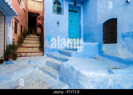 Street in Chefchaouen, the Blue city, in Morocco Stock Photo