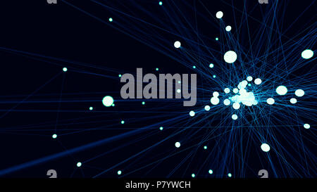 Abstract blue futuristic technology network node. Cable data line transmission links and communication structure concept. Neurons and electron theme e Stock Photo