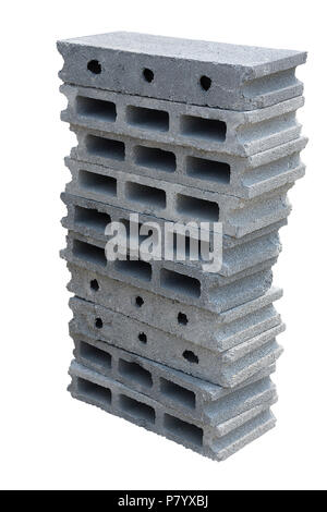 Stack of cement brick block on isolated white background with clipping path. Object and Structure concept. Architecture and Building wall theme. Stock Photo