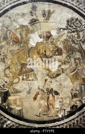 Round Roman mosaic of a lion and Cupids between Dionysus and Maenad, Pompeii, House of Centaur. National Archaeological Museum, Naples. Italy. Stock Photo