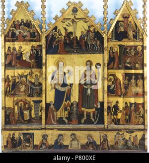 Altarpiece of the Saints John, circa 1356. Tempera and gold leaf on wood. 220.5 x 209.8 x 11.5 cm.  From the chapel of the castle of Santa Coloma de Queralt (Conca de Barberà). Museu Nacional d'Art de Catalunya. Stock Photo