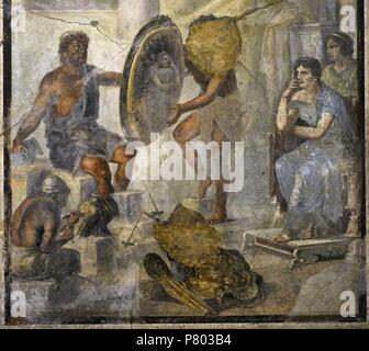 Roman painting. Thetis, whose image is reflected in the shield, look carefully at the golden armour that Hephaestus has made for Achilles. Pompeii (IX, 1,7). Italy. Stock Photo