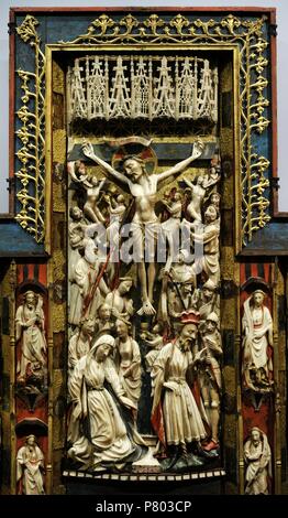 English artist. Manufacturing of Nottingham. Triptych of Passion, ca.1350-1400. Detail of the Crucifixion. Alabaster, wood and glass. National Museum of Capodimonte. Naples. Italy. Stock Photo