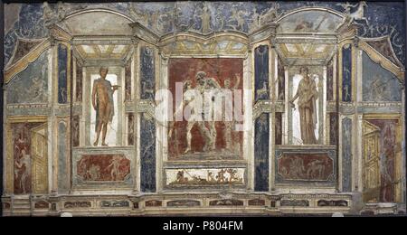 Pompeian mural painting. Architectural ornaments along with figurative pictures of characters: Silenus with satyrs, Hermes and Nymph. Pompeii. National Archaeological Museum. Naples. Italy. Stock Photo