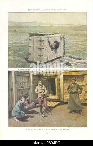 English: A Mongolian woman condemned to die of starvation. A lama in chains in a Mongolian prison. c. July 1913 276 Mongolian woman condemned to die of starvation Stock Photo