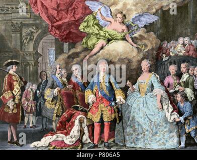 Ferdinand VI of Spain (1713-1759). The Learned. King of Spain.  Ferdinand VI and his wife Barbara of Braganza and his court. Engraving, 18th century. Colored. Stock Photo