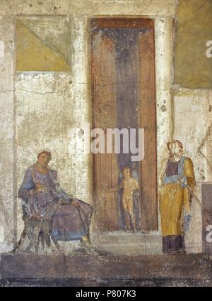 Roman fresco depicting Paris, seated, awaits the prize promised to him by Aphrodite. Eros, at the door, points to Helen, urging him to make the decision that will lead to the Trojan War. House of Jason (20-25). Pompeii. National Archaeological Museum. Naples. Italy. Stock Photo