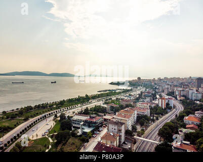 Aerial Drone View of Kartal Istanbul City Seaside. City Life near the Sea. Stock Photo