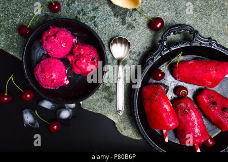 Cherry ice cream scoops on a plate top view Stock Photo