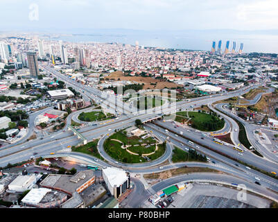 Aerial Drone View of Istanbul Kartal Highway Intersection / Interchange. Transportation Stock Photo