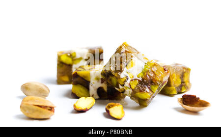 Turkish delights with pistachio isolated on white Stock Photo