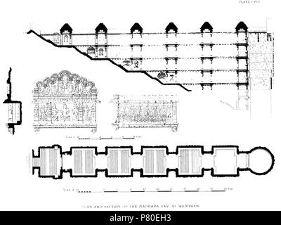 Plan and section of Madhavav, a stepwell in Wadhwan, Gujarat, India ...