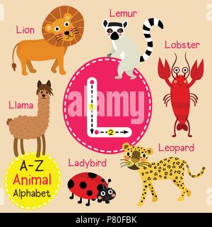 Cute children zoo alphabet L letter tracing of funny animal cartoon for kids learning English vocabulary Stock Vector