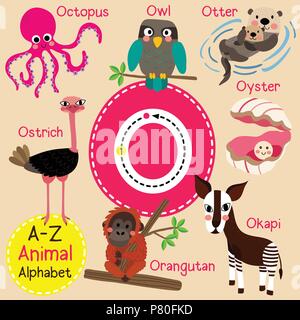 Cute children zoo alphabet O letter tracing of funny animal cartoon for kids learning English vocabulary Stock Vector