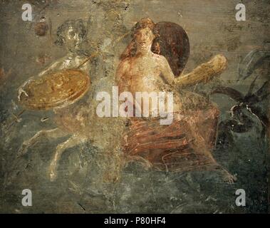 Marine centaur with the shield of Achilles and Tethys, sitting at his side. Roman fresco. From the House of the Quadriga VII 2, 25. Pompeii. Second half of the 1st century. National Archaeological Museum. Naples. Italy. Stock Photo