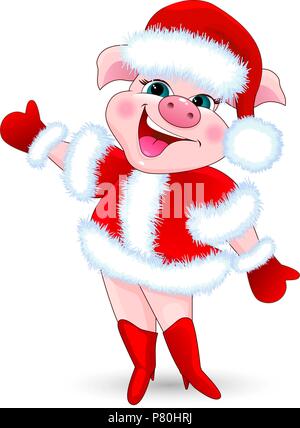 Cartoon pig in Santa Claus costume on a white background. Stock Vector