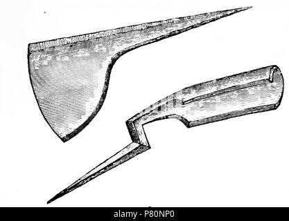 Illustration from 'Horse-shoes and horse-shoeing : their origin, history, uses, and abuses ', pag. 76, George Fleming, Chapman and Hall, London 1869. Roman farriery tools. 1869 199 Horse shoes and horse shoeing page 76 Stock Photo