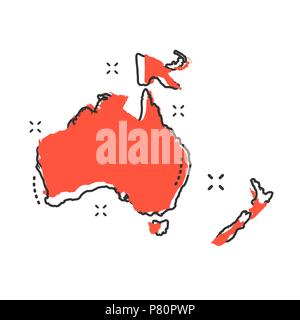 Cartoon Australia and Oceania map icon in comic style. Australia and Oceania illustration pictogram. Country geography sign splash business concept. Stock Vector