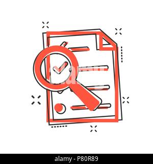 Cartoon document icon in comic style. Document files zoom illustration pictogram. Loupe with checklist sign splash business concept. Stock Vector