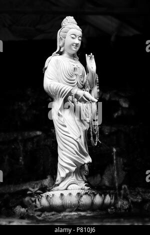 Statue of Bodhisattva Kuan on a lotus. Statues in public places at the temple. Stock Photo