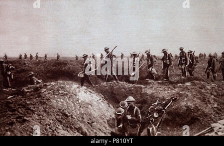 The Battle of Albert was the first two weeks of Anglo-French offensive operations in the Battle of the Somme. The Allied preparatory artillery bombardment began on 24 June and the Anglo-French infantry attacked on 1 July, on the south bank from Foucaucourt to the Somme and from the Somme north to Gommecourt. The French Sixth Army and the right wing of the British Fourth Army inflicted a considerable defeat on the German Second Army.  Note the spades had to be carried as fresh trenches were required. Stock Photo