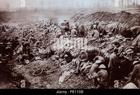 During the Battle of the Somme,  between 1 July and 18 November, 1916,  troops that had aprticipated in attacks were withdrawn from the front line and kept in reserve. They usually rested in abandoned trenches, and formed working parties carrying supplies to the front line or digging defensive works. Stock Photo